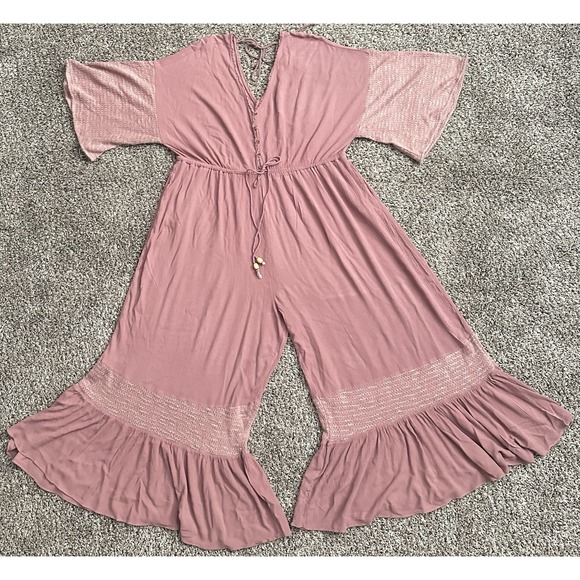 Dani Pants - Davi‎ & Dani Romper Mauve Pink Tie Back Boho Sz 3X Wide Leg Smocked Ruffle AC04